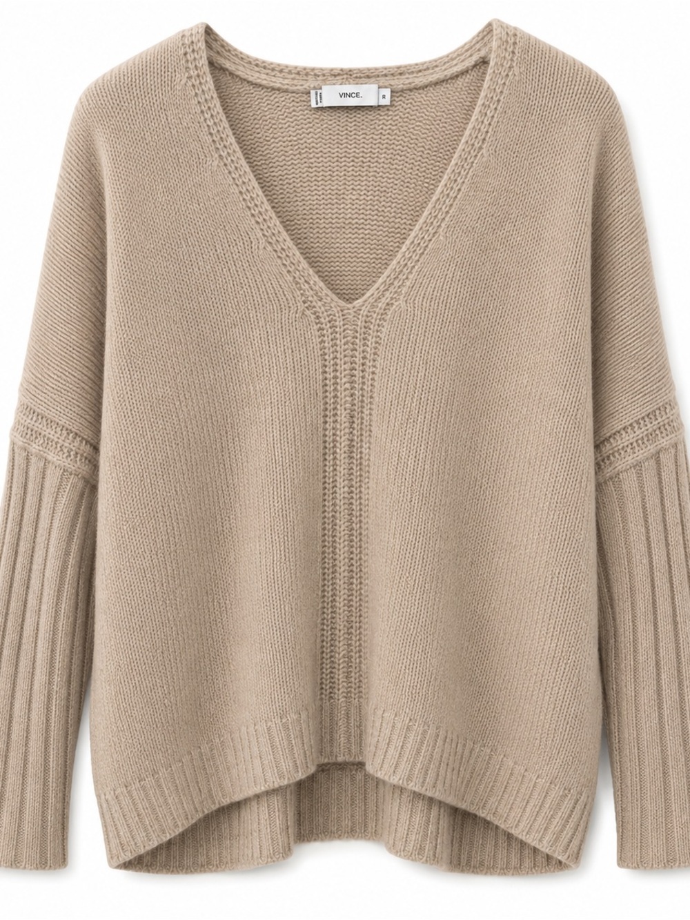Vince XS 50% Yak 50% Wool V Neck Tunic Sweater Beige Knit Side Slit Pullover